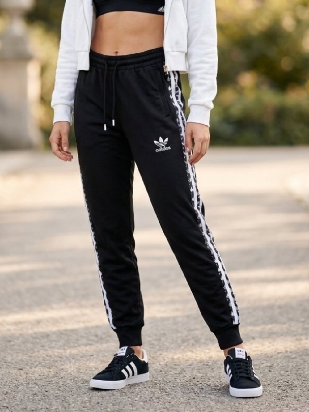 Adidas Originals Black Monogram Repeat Logo Stripe Track Pants Joggers Small Y2K